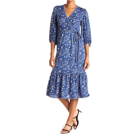 Max Studio Faux Wrap Blue Floral Midi Boho Dress Size Small EUC - Picture 1 of 5